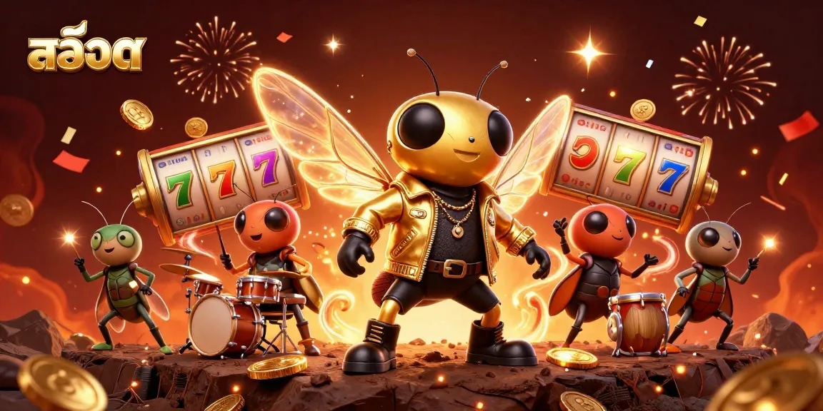 Hit the jackpot with สล็อต symbols in this vibrant celebratory 3D casino scene illustration.