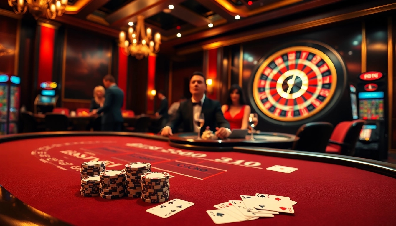Atmosphère de casino excitante représentant le blackjack et la roulette sur un site de casino en ligne.