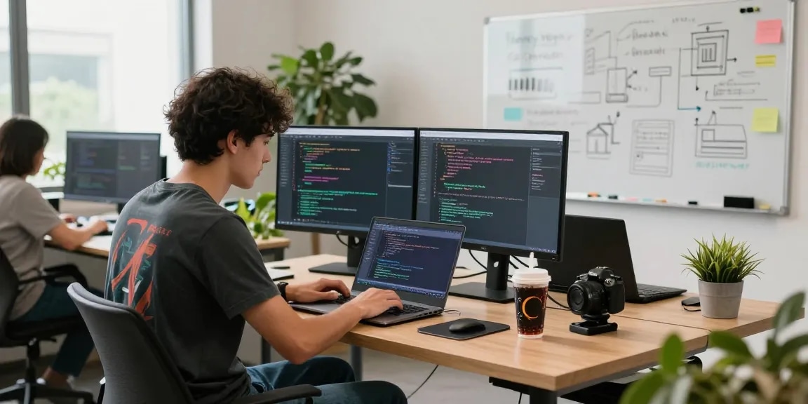 Developer coding in vibrant startup office environment, featuring cika4d tools and colorful monitors.