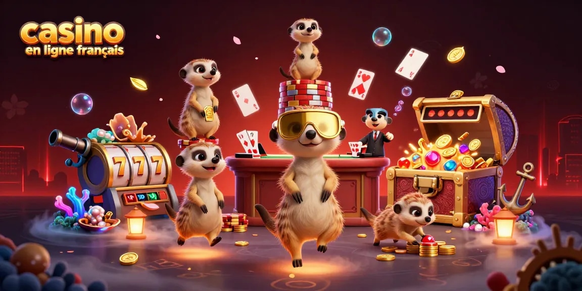 Jouez à casino en ligne français avec des meerkats animés gérant un casino extravagant dans un décor coloré.