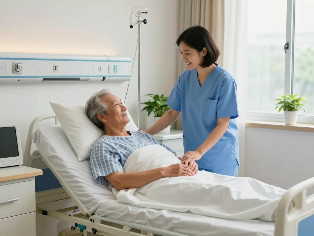 giường bệnh nhân supporting elderly patient with caregiver in a calming hospital room