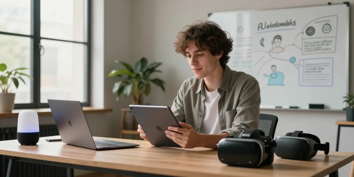 Engaging in sex AI chat in a modern tech workspace with intuitive digital tools creating an inviting atmosphere.
