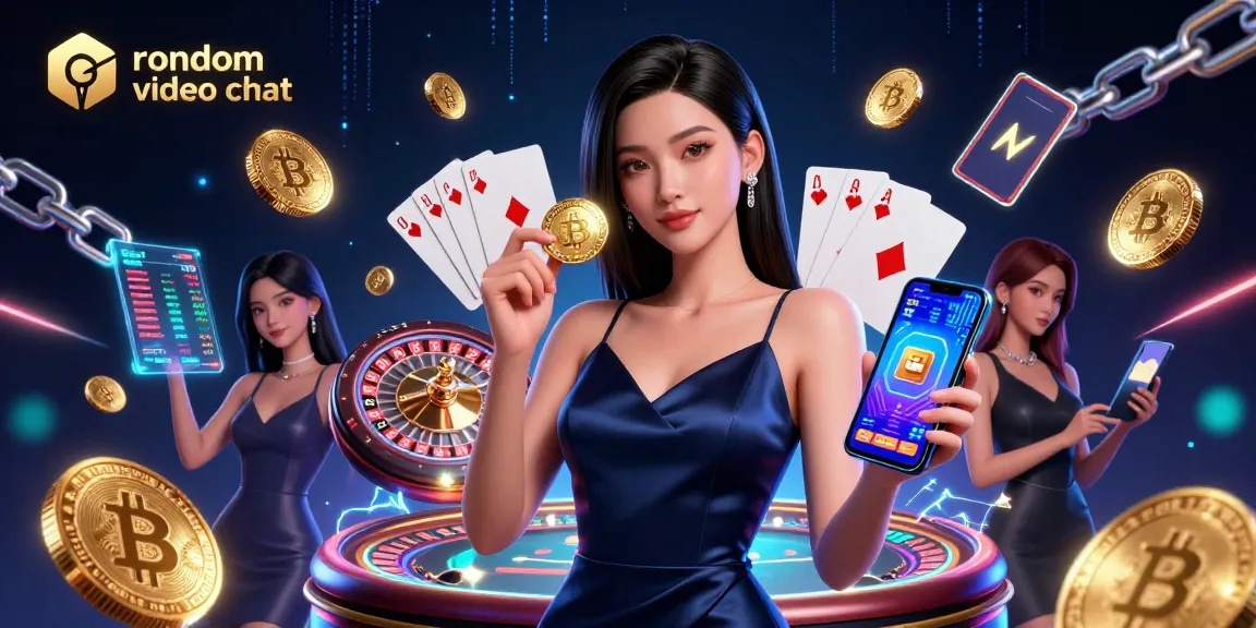 Engage in random video chat with vibrant characters amidst a lively casino atmosphere and digital elements.