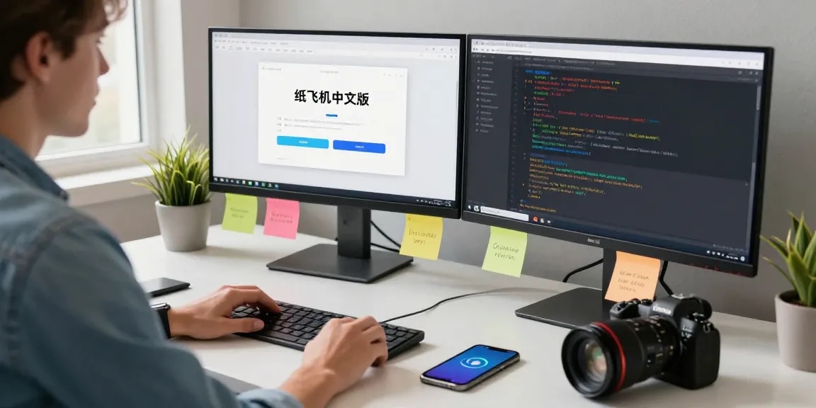 Modern workspace featuring 纸飞机中文版 on screen with coding software and smartphone notifications.