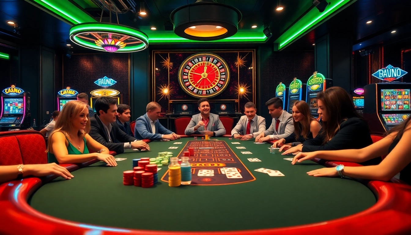 Des joueurs engagés profitant d'une partie de poker à enjeux élevés sur un site de casino en ligne, mettant en valeur des jetons et des cartes vibrants.