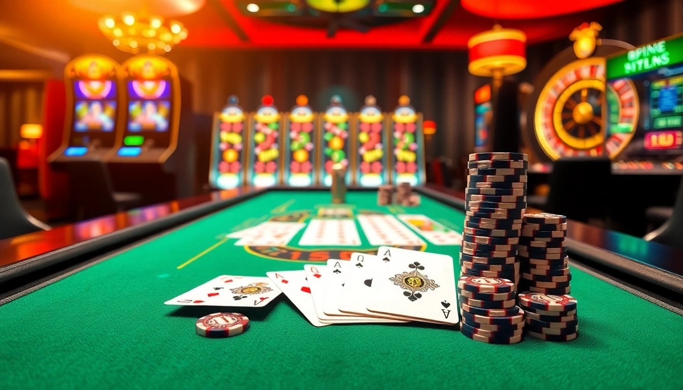 Vivez une action palpitante sur un site de casino en ligne avec une table de poker vibrante et des jetons à enjeux élevés.