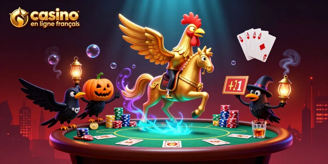 Visualisez le casino en ligne français avec un jeu captivant et des personnages amusants dans une scène nocturne dynamique.