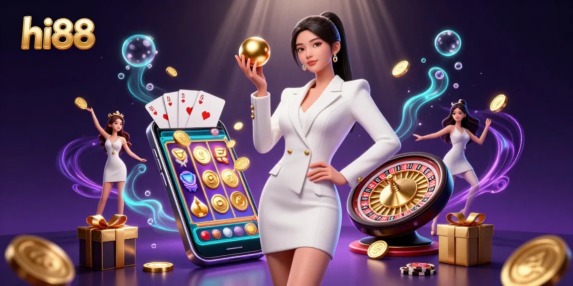 Experience thrilling gaming at hi88 with a confident woman holding a roulette ball amidst vibrant casino elements.