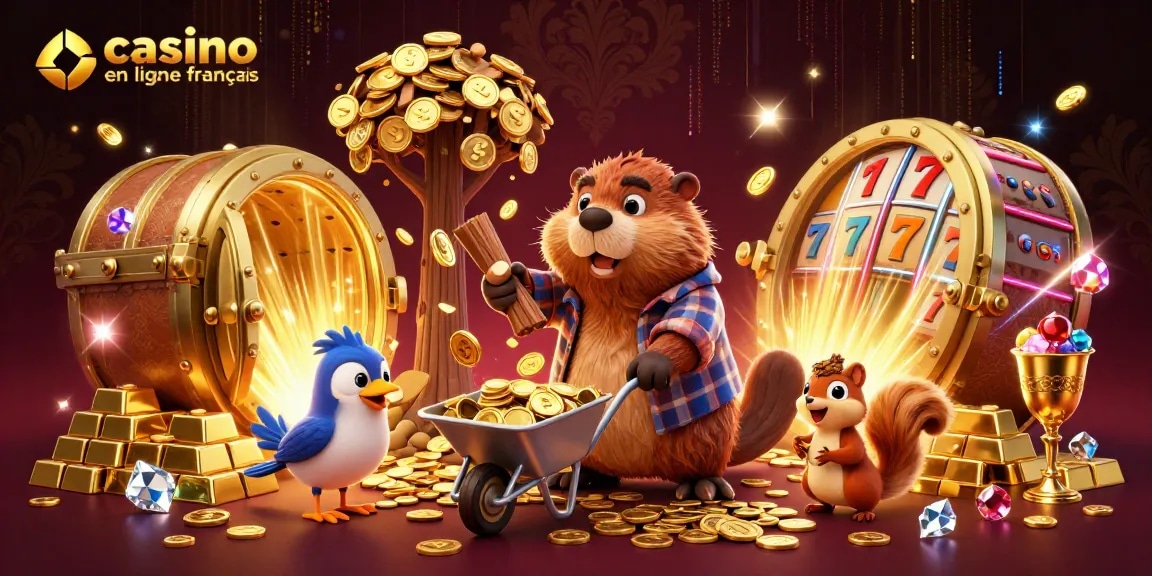 Jouer sur un casino en ligne français avec un castor et des pièces d'or éparpillées.