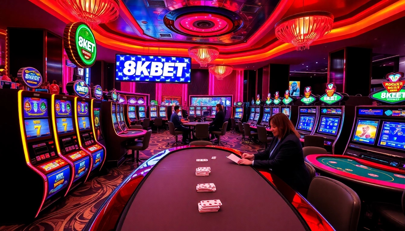 Players enjoying games at 8KBET casino, showcasing thrilling slot machines and table games.