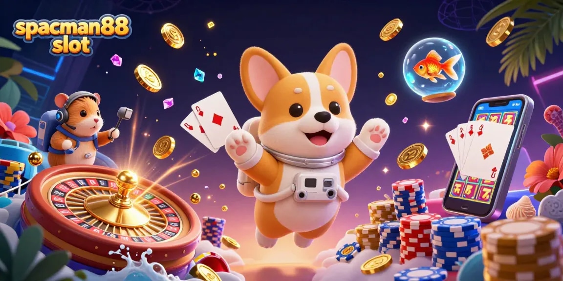 Enjoy thrilling action with spaceman88 slot in a vibrant 3D casino scene filled with golden coins and slots!