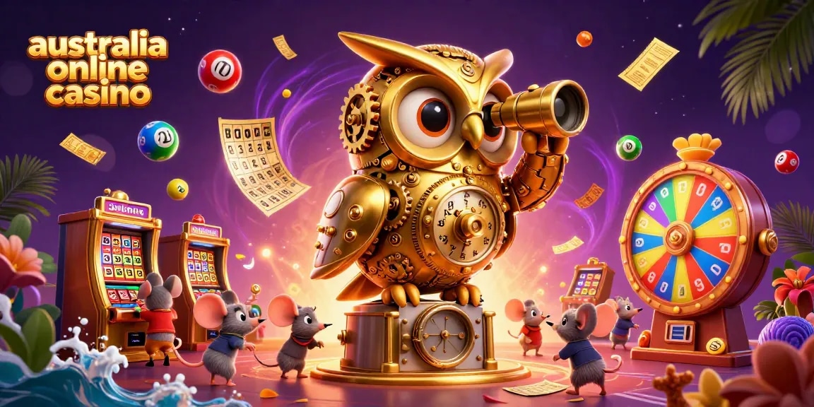 Engage with the vibrant australia online casino scene, featuring a golden owl amidst dynamic lottery elements.