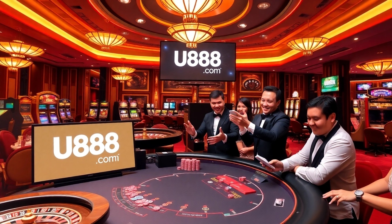 Players betting on a vibrant U888 com poker table in an upscale casino atmosphere.