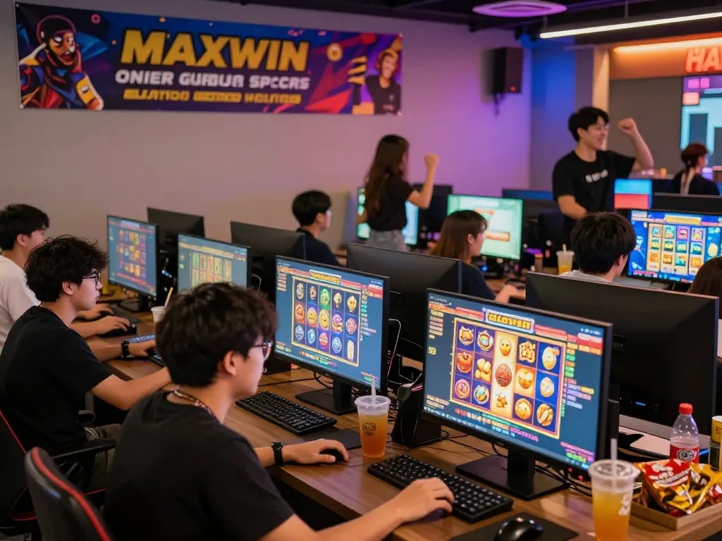 Players enjoying slot gacor games in a lively gaming lounge, showcasing colorful graphics and winning moments.