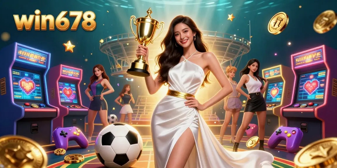 Experience the excitement of win678 with a triumphant Asian woman in a luxurious gown amidst vibrant casino games.
