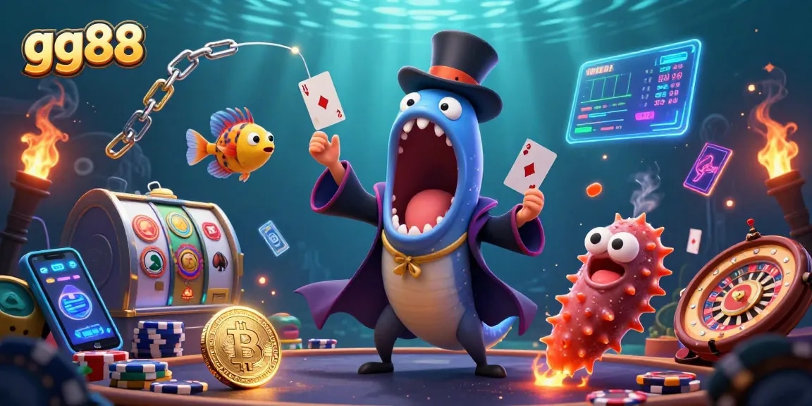 Experience thrilling card tricks at gg88 with bioluminescent sea creatures in a vibrant casino scene