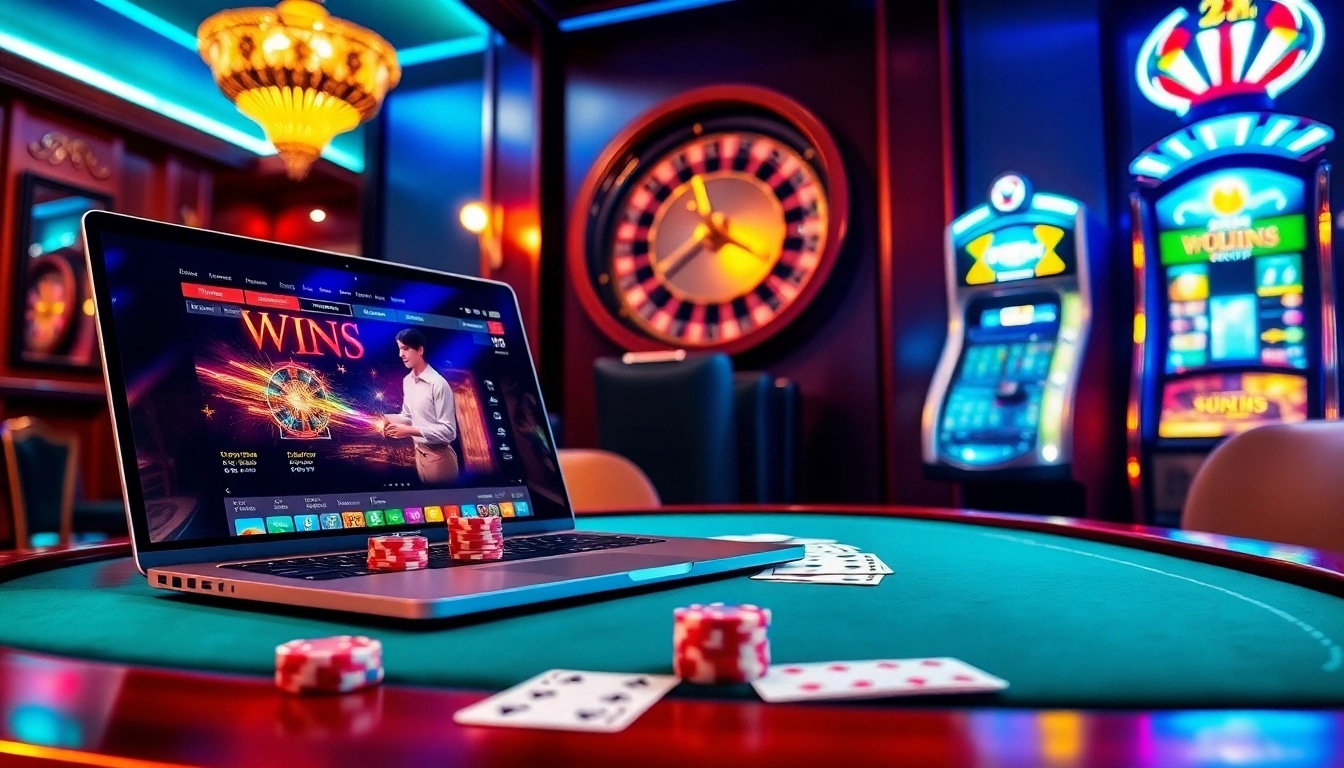 Une scène palpitante d'un site de casino en ligne mettant en vedette une table de poker, des machines à sous vibrantes et une roulette tournante.