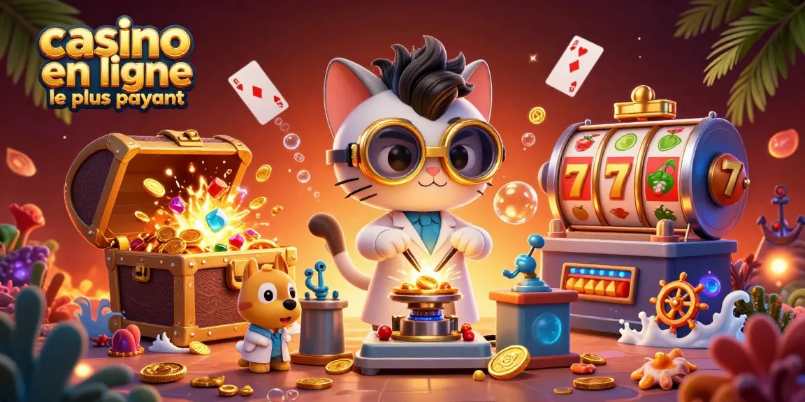 Découvrez l'univers du casino en ligne le plus payant avec cette illustration dynamique mettant en vedette un chat scientifique fou et son assistant canin.