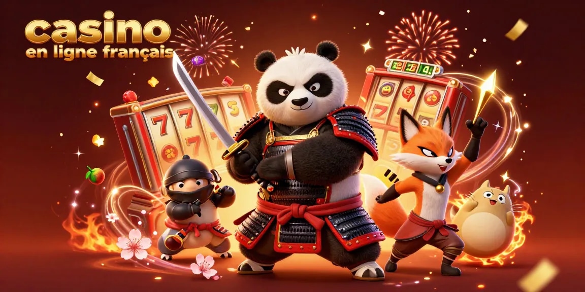Casino en ligne français : ambiance festive autour d'un panda samouraï et un renard ninja en action.