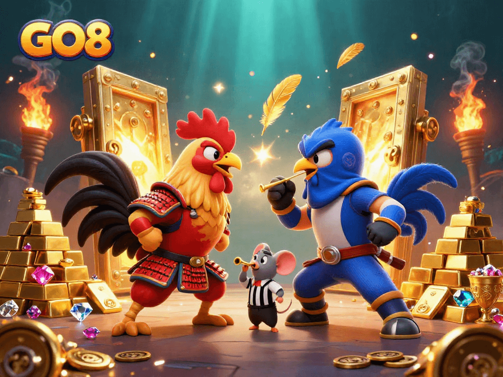 Engage in GO8 action with cartoon roosters battling over a treasure vault filled with sparkling riches.