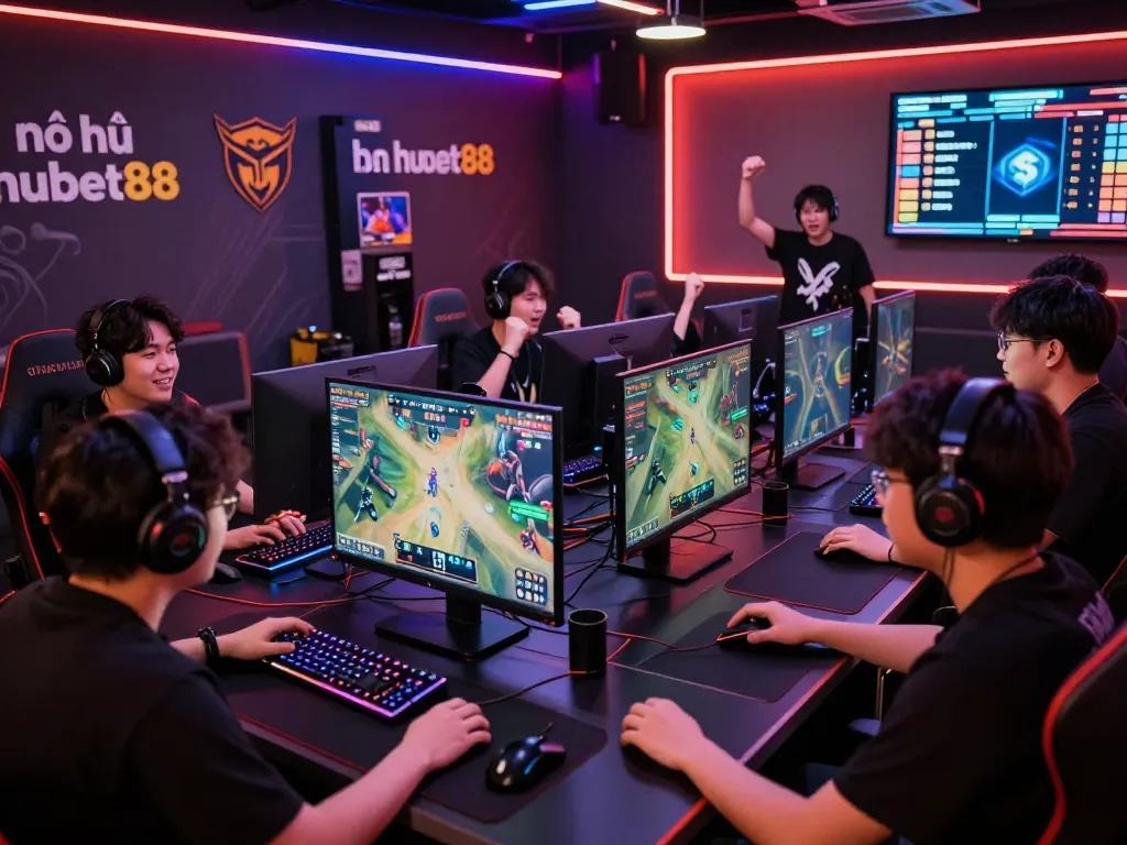 Exciting gaming environment showcasing nổ hũ hubet88 with players cheering for live esports matches.