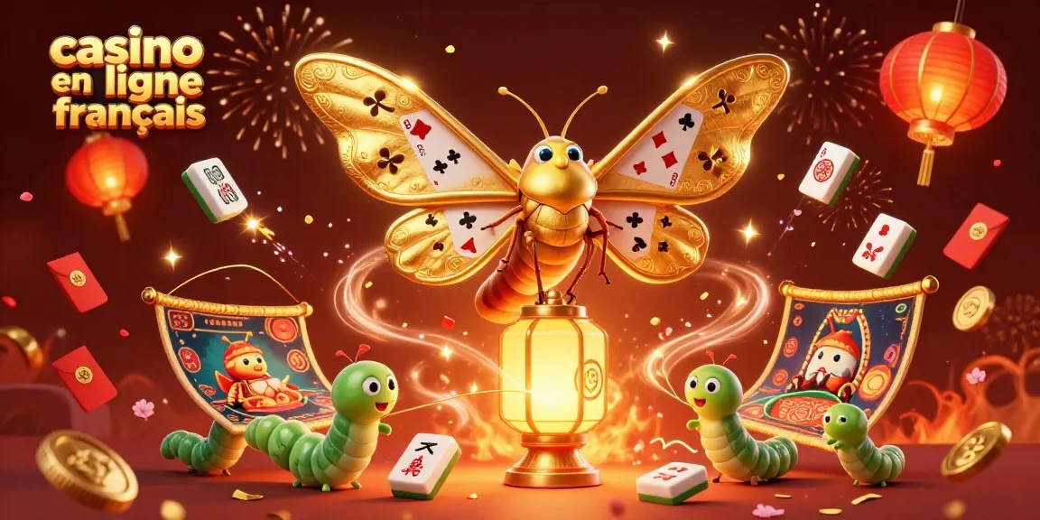 Illustration de casino en ligne français avec papillon atlas et jeux de casino scintillants.