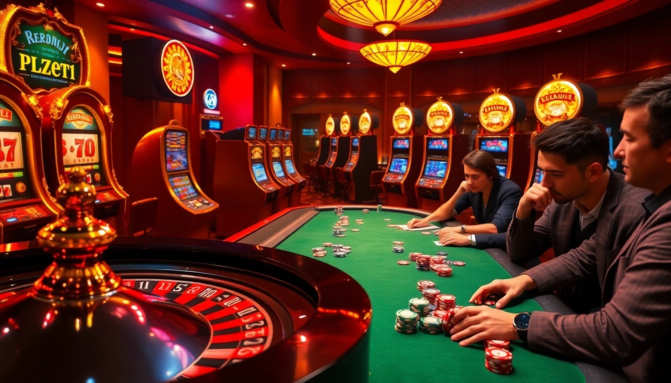 Experience the excitement of rebahin with vibrant casino visuals showcasing players at poker tables and roulette wheels.