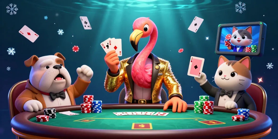 Gagnez au poker en ligne France avec un bulldog jubilant et un croupier flamant en action.