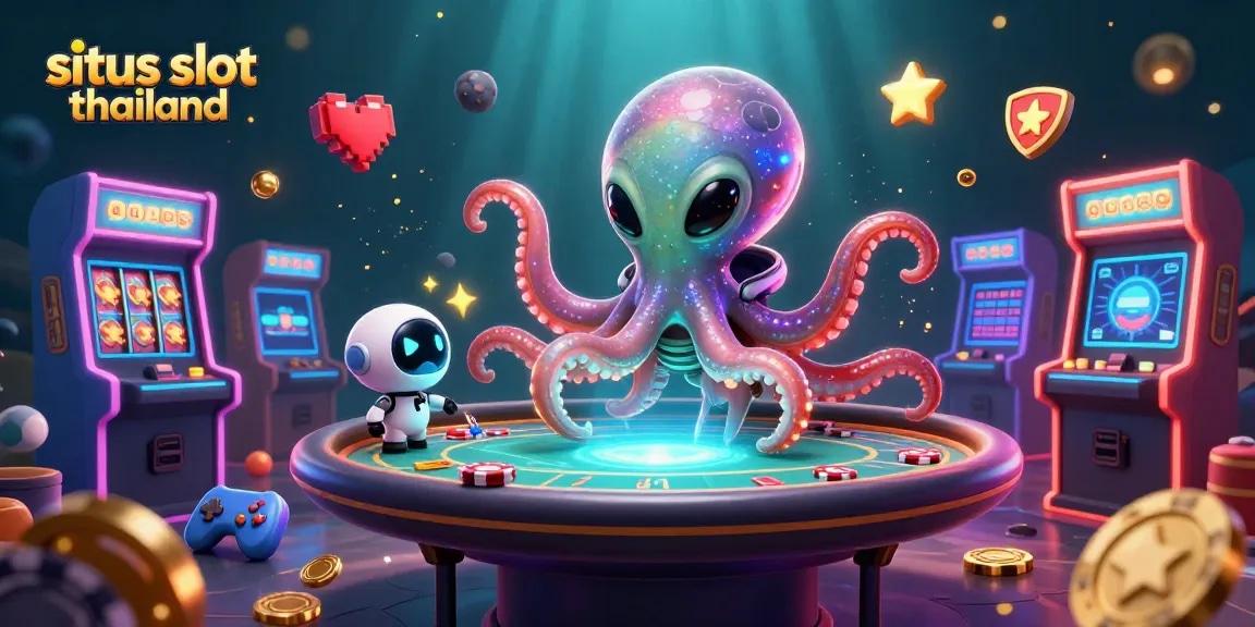Join the fun at situs slot thailand with a vibrant scene of alien-themed gambling adventures featuring colorful slot machines and poker!
