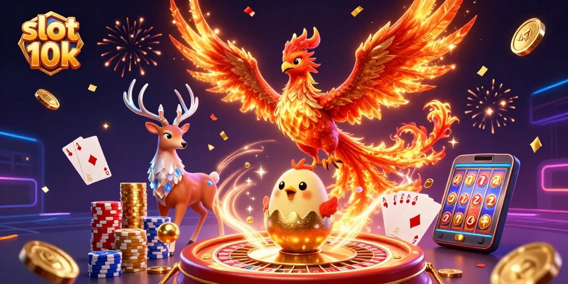 Experience the thrill of slot 10k with vibrant casino elements, featuring a fire phoenix and dynamic games.