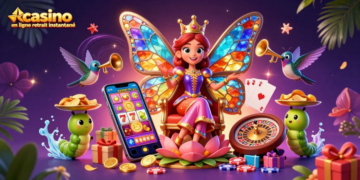 Une illustration captivante de casino en ligne retrait instantané avec une reine papillon et des éléments de jeu dynamiques.