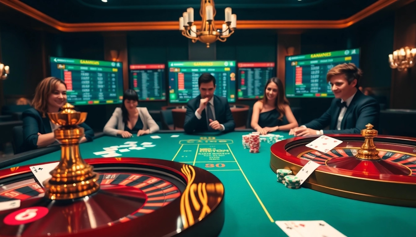 Scène de casino engageante représentant un site de casino en ligne avec des joueurs, une roulette et des cartes.
