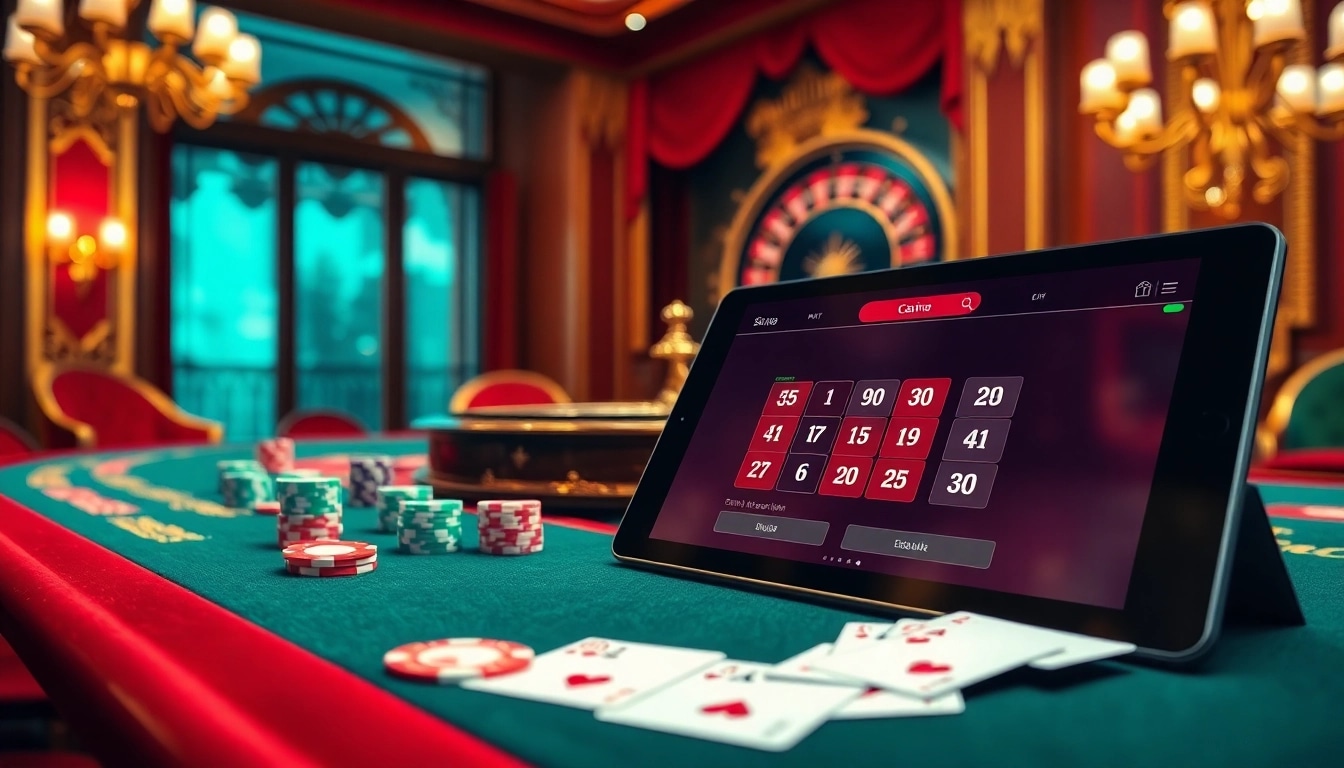 Configuration de casino en ligne excitante mettant en avant des jetons de poker et une roulette pour site de casino en ligne.
