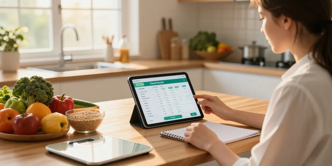 Nutritionist using the best food tracking app in a bright kitchen with fresh ingredients.