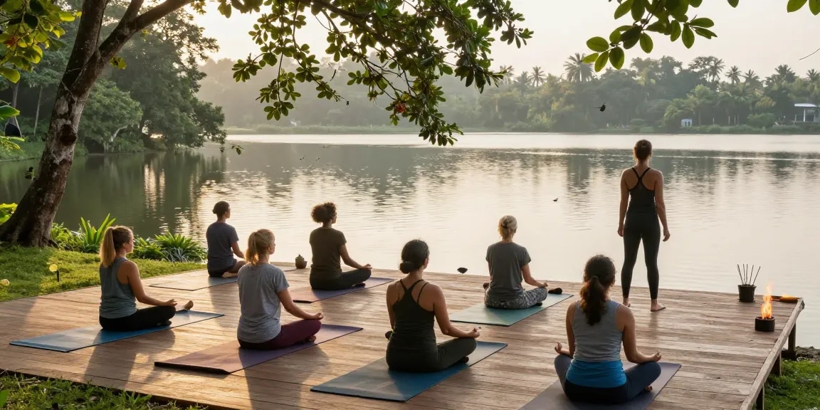 Group yoga session at Lanka Yoga retreat in Sri Lanka focused on community and mindfulness for aspiring yoga teachers.
