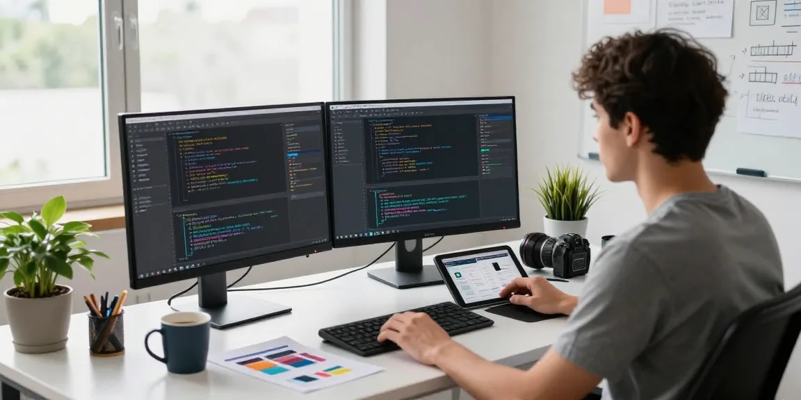 Developer using Snipaste in a modern workspace with dual monitors and coding elements.