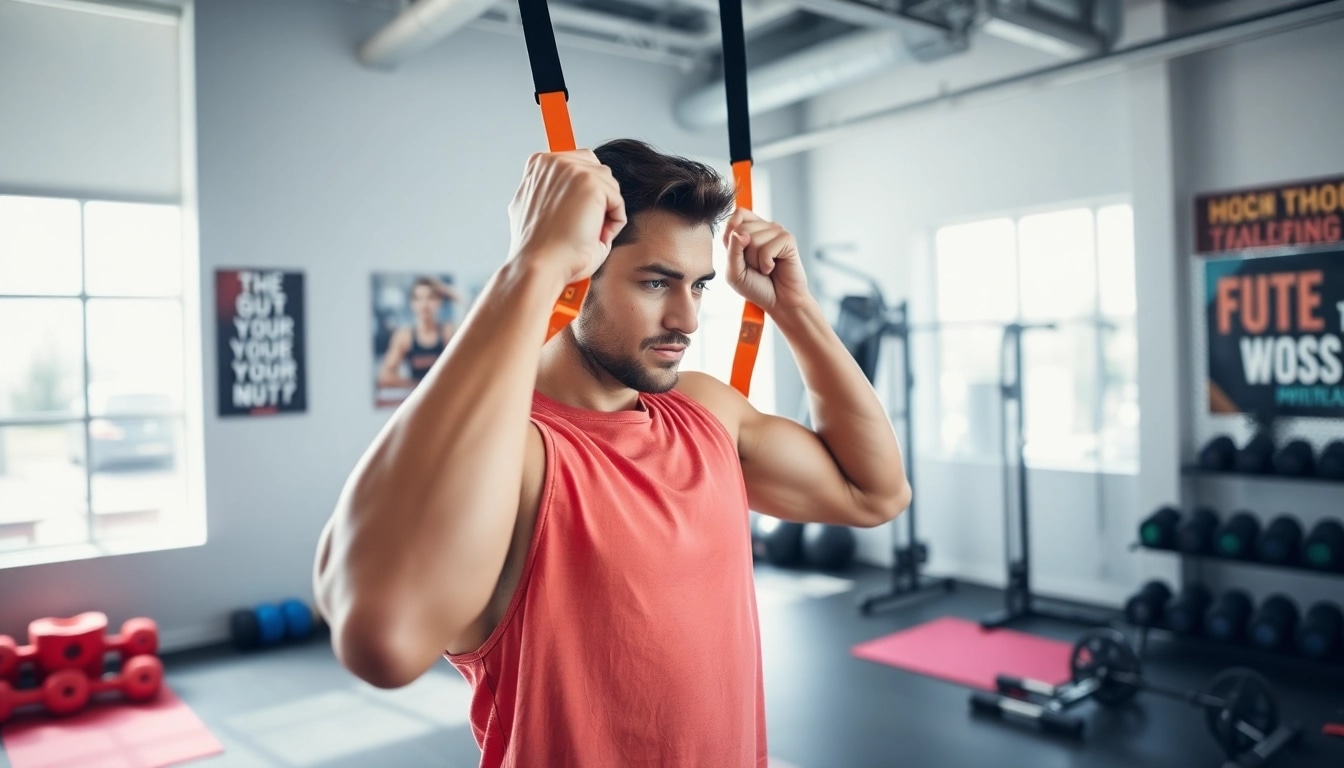 Fitness enthusiast demonstrating assisted pull-up bands in a bright gym.