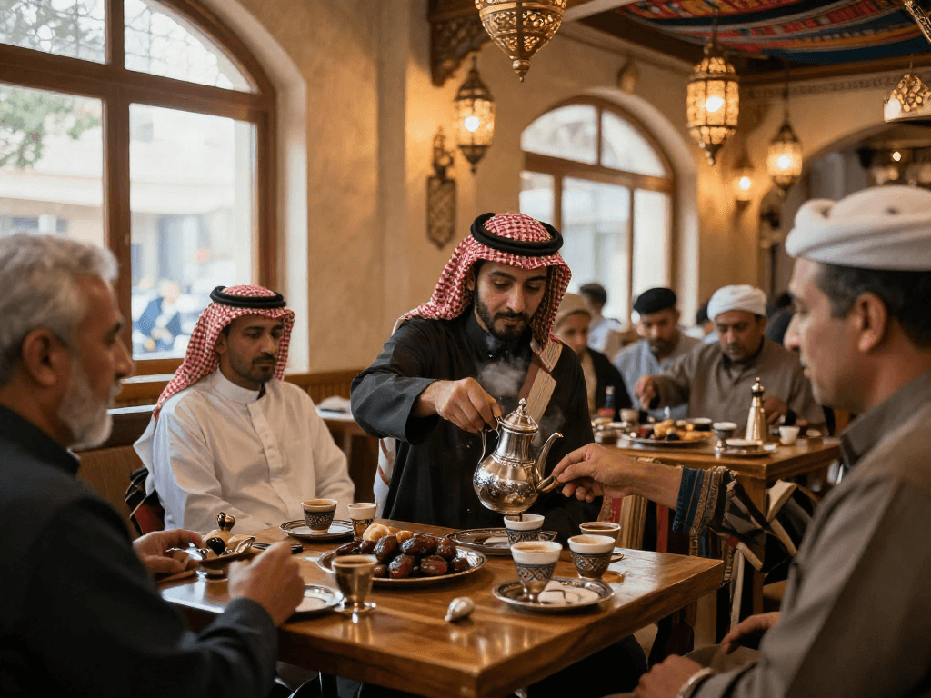 قھوجیین وصبابین في الریاض يقدمون القهوة العربية في مقهى تقليدي يجمع الأصدقاء.