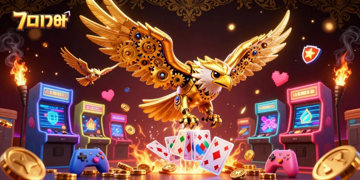 Engage in แทงบอล action with an ultra-detailed 3D casino scene featuring a cybernetic eagle amidst dynamic game elements.