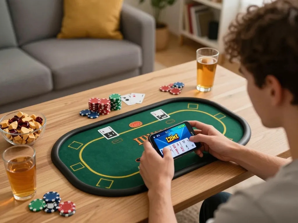 Người dùng đang chơi ứng dụng Link 12bet trong một không gian làm việc tại nhà thoải mái trong một phiên cá cược thú vị.