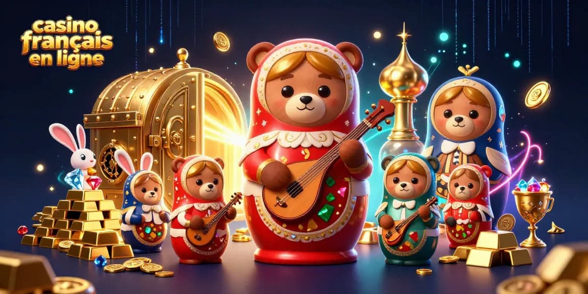 Expérimentez un casino français en ligne animé avec une ourse Matryoshka dévoilant des ours en tenues de croupiers.