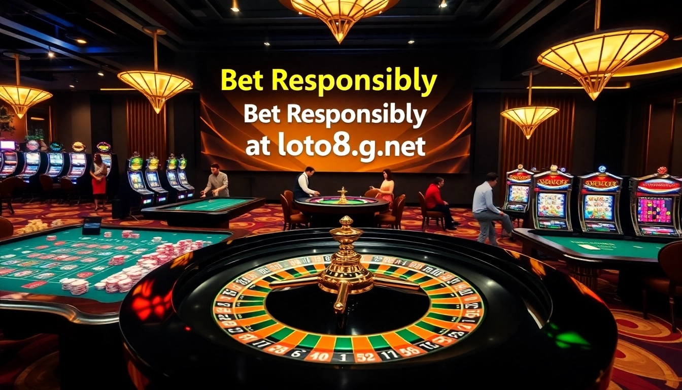 Exciting gaming action at loto188.gb.net with vibrant casino tables and roulette wheel.