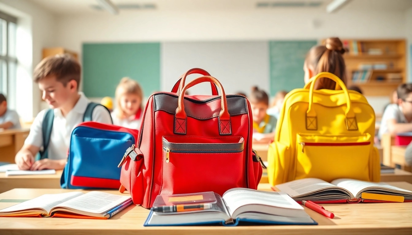 Entdecken Sie stilvolle Handtasche für Schulen, die in einer hellen Klassenzimmeratmosphäre präsentiert werden.