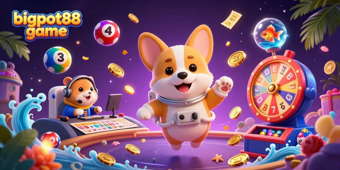 Experience vibrant excitement with bigpot88 game featuring dynamic lottery elements, chips, and whimsical characters.