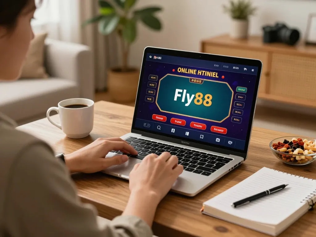 Person engaging in online gambling at home with Fly88 live dealer games.