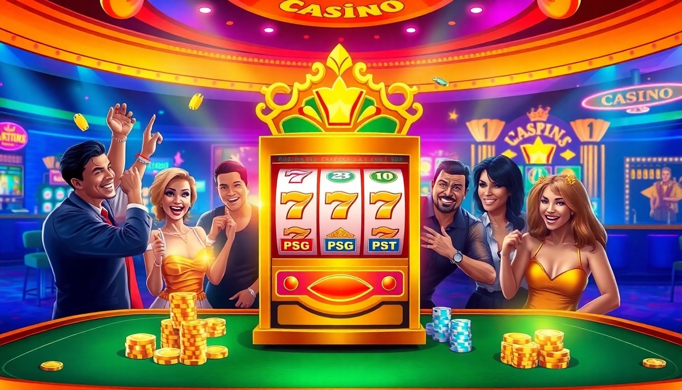 Players celebrating a big win at a pg slot machine in a luxurious casino environment.