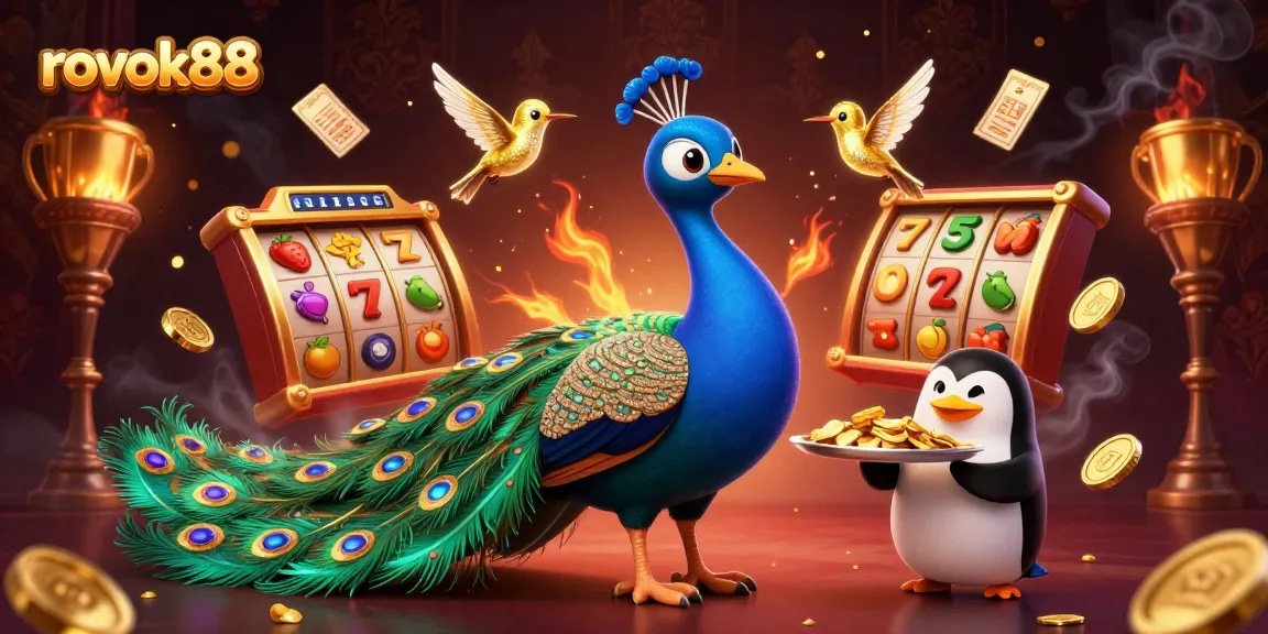 Engage with rokok88's vibrant casino features through a stunning 3D illustration of slot reels and gaming elements.