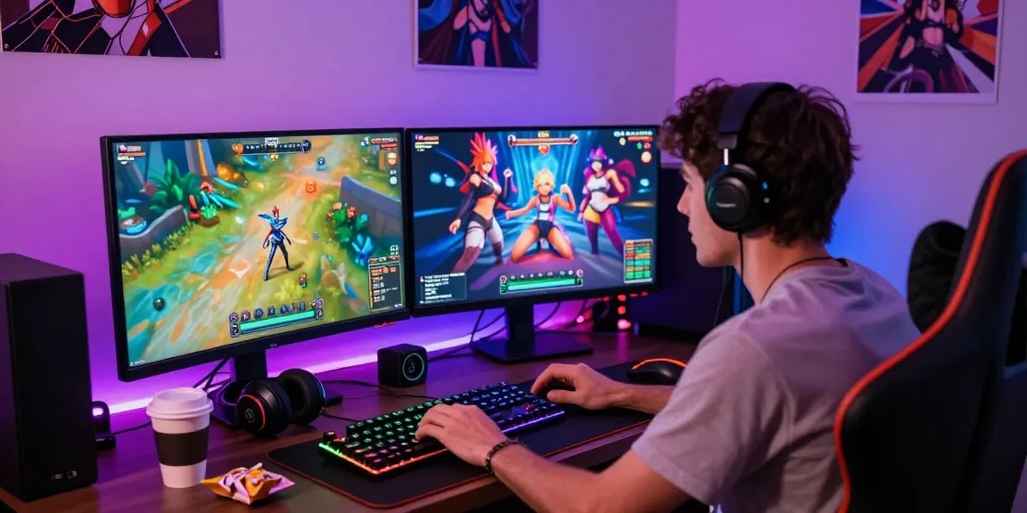 Engaging HTML hentai game setup with vibrant digital art and gamer accessories.