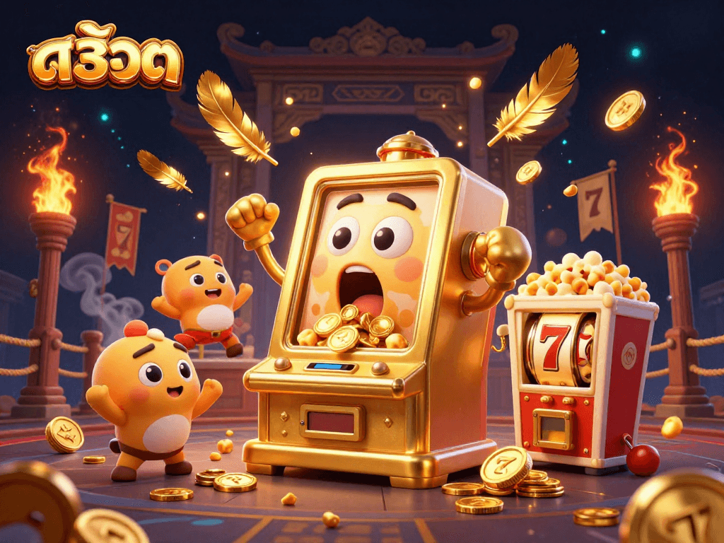 Experience the excitement of สล็อต with a golden slot machine celebrating its jackpot in a vibrant casino scene.