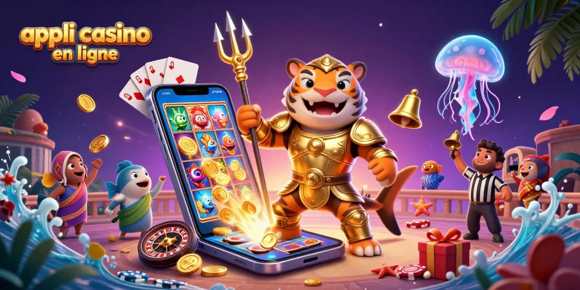 Découvrez une illustration dynamique d'appli casino en ligne avec des éléments de jeu dans un décor sous-marin captivant.